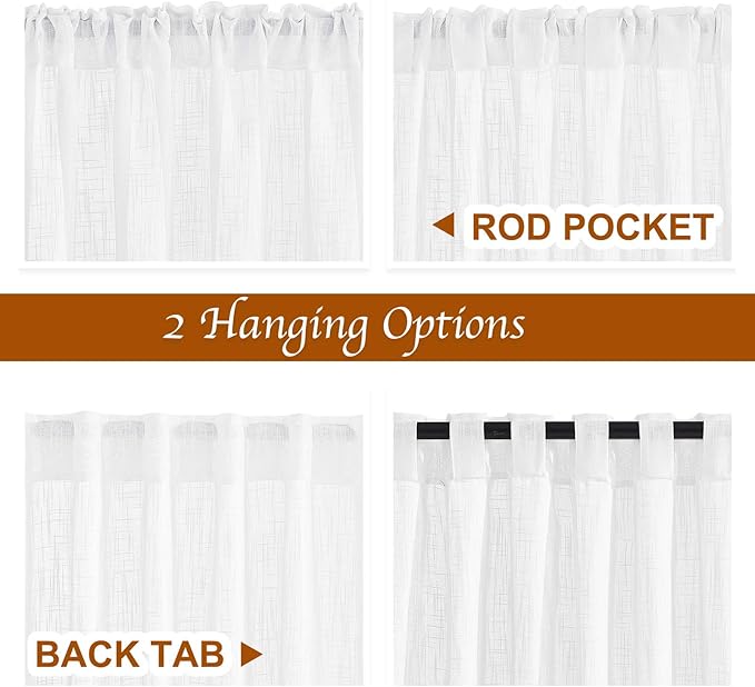 NICETOWN White Faux Linen Kitchen Curtains 36 inches Long, Rod Pockets & Back Tab Semi Sheer Privacy with Light Filtering Short Window Drapes for Cafe/Kids Room, W42 x L36, 2 Panels