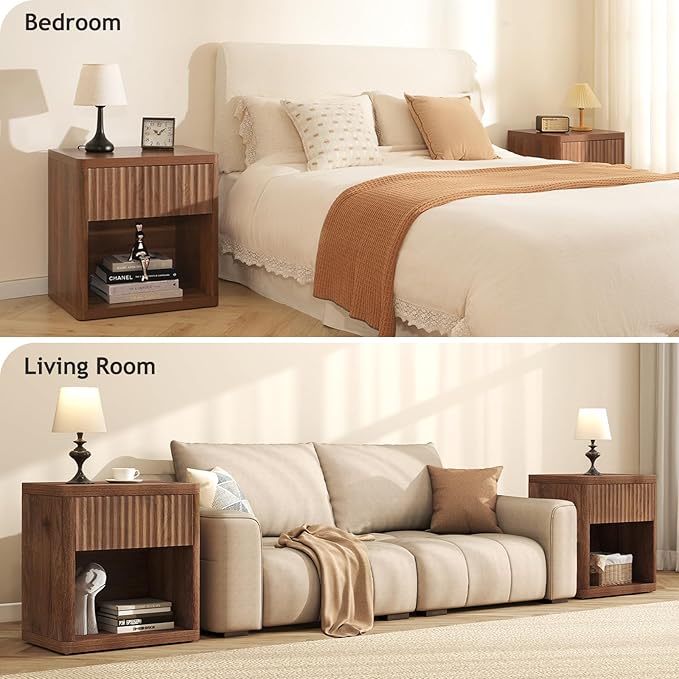 Night Stand Set of 2, Fluted Nightstand with Drawers, Wood Bedside Table with Storage, Mid Century Nightstands Night Stands Bed Side Table for Bedroom, Side Tables End Tables for Living Room