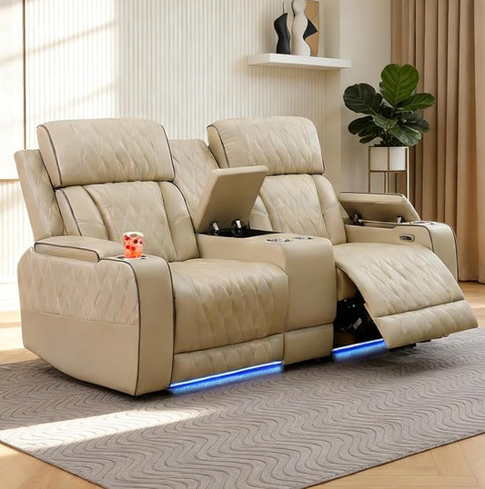 Power Reclining Sofa Set for Living Room, Leather Recliner Loveseat with Cup Holders, Storage Console for House/Home Teather(2 Seater Loveseat, Beige)