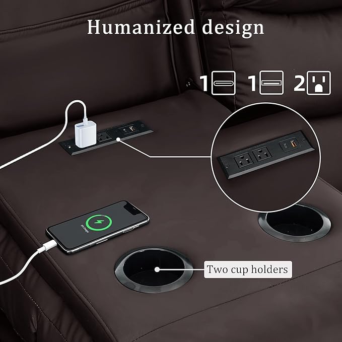 Korser Recliner Sofa, Reclining Loveseat with Console, Oversized Reclining Couch with Drop Down Table, 3-Seater Sofa with Cup Holder and Recessed Power Strip, Brown
