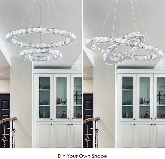 TongLan LED Modern Crystal Chandelier 19.7 x 11.8 inches Ceiling Pendant Light 2 Rings Adjustable Stainless Steel Lighting Fixtures Dining Room Living Room (White)