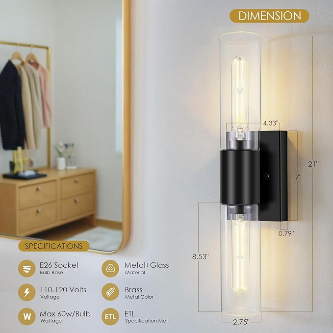 21" Matte Black Bathroom Light Fixtures Over Mirror,2-Light Bathroom Vanity Lights Above Mirror,Modern Hardwired Wall Sconce Lighting for Powder Room Restroom Hallway Kitchen E26 T10 Bulbs(Excluded)