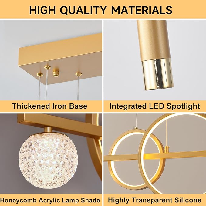 LED Gold Chandeliers for Dining Room, 47in Dimmable Modern Chandelier Gold Pendant Lights for Kitchen Island, Linear Ring Globe Pendant Light Fixtures Dining Room Lights Ceiling Hanging