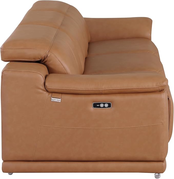 BlackJack Furniture Venice Top Grain Italian Leather Dual Power Recliner Sofa - 107" Theater Seating Modern Couch for Living Room Apartment Lounge Home with Adjustable Headrests & USB Port, Cognac