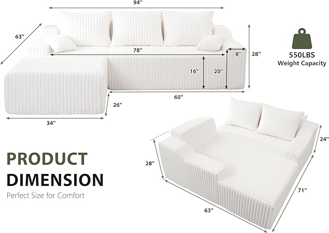 HABUTWAY 94'' Cloud Sectional Couch, Boneless Sofa with Deep Seat, Modular Comfy L-Shape Couch with Chaise for Living Room Bedroom, No Assembly Required(Beige,Left Facing Chaise)