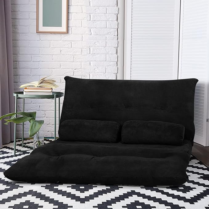 Giantex Adjustable Floor Sofa Couch with 2 Pillows, Multi-Functional 6-Position Foldable Lazy Sofa Sleeper Bed, Multi-Functional Suede Floor Seating for Reading Gaming (Black)