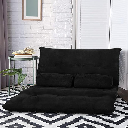 Giantex Adjustable Floor Sofa Couch with 2 Pillows, Multi-Functional 6-Position Foldable Lazy Sofa Sleeper Bed, Multi-Functional Suede Floor Seating for Reading Gaming (Black)