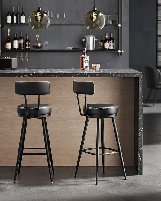 VASAGLE EKHO Collection - Bar Stools Set of 2, Swivel Bar Height Bar Stools with Back, Synthetic Leather with Stitching, Mid-Century Modern, 30-Inch Tall Barstools for Kitchen Home Bar, Ink Black