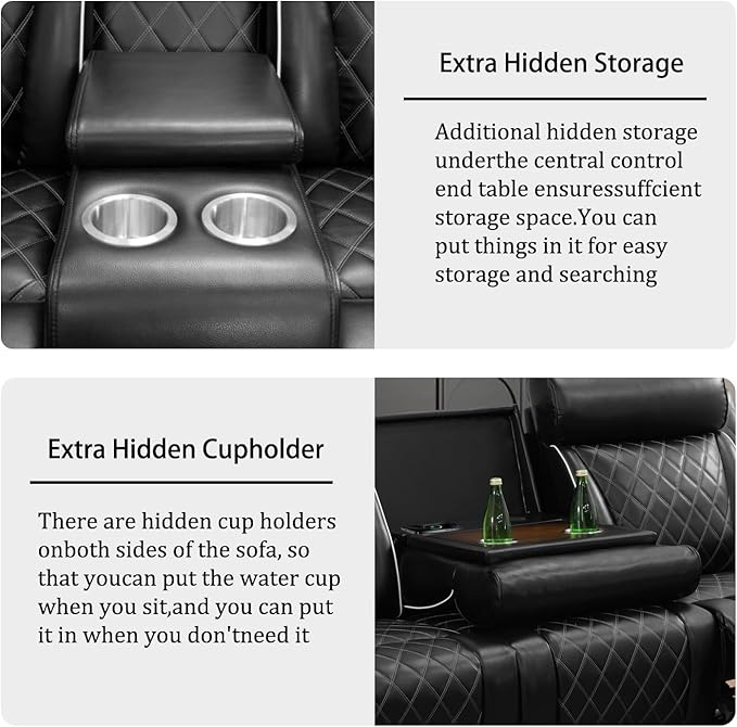 Power Recliner Sofa Set with LED, Breathable Leather Recliner Couch Loveseat Chair Set with USB Port/Cup Holder/Storage, 3 Piece Reclining Living Room Set for Home Theater (Black-3)