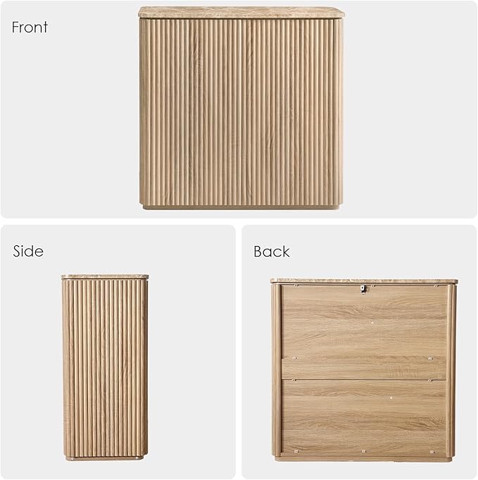 Fluted 2 Doors Sideboard Cabinet with Storage, 34" Wooden Credenza with Shelves, Faux Marble-Top Coffee Bar Console Table, Modern Buffet Cabinet for Dining, Kitchen, Living Room, Entryway, Natural Oak