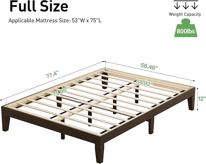 COLAMY 12 Inch Full Size Platform Bed Frame，Sturdy Wood Bed Frame with Wood Slat Support, No Box Spring Needed, Easy Assembly（ Espresso）