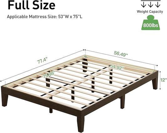 COLAMY 12 Inch Full Size Platform Bed Frame，Sturdy Wood Bed Frame with Wood Slat Support, No Box Spring Needed, Easy Assembly（ Espresso）