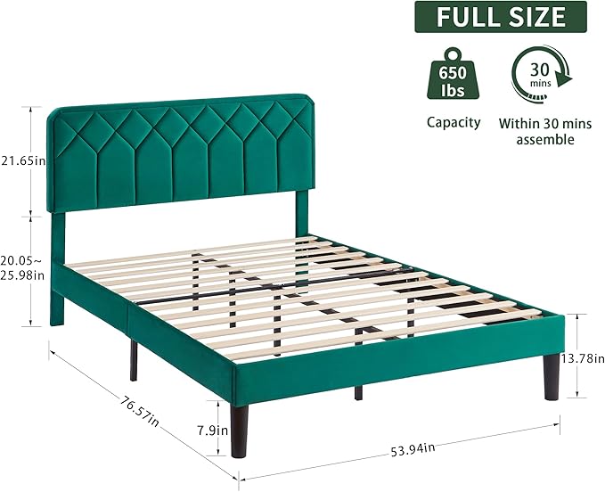 VECELO Full Size Bed Frame Premium Velvet Upholstered Platform with Height Adjustable Headboard/Mattress Foundation, Solid Wooden Slat Support, No Box Spring Needed/Easy Assembly