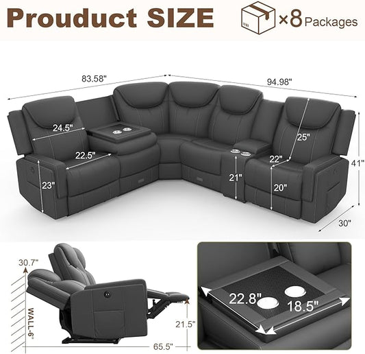 Dresegmt Home Theater Seating, Manual Recliner Sectional Sofa for Living Room, 5 Seater Reclining Sectional Couch with Flip-Up Backrest, Storage Console, USB Ports, L-Shaped Sofa PU Leather Gray