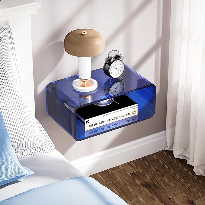 Acrylic Floating Nightstand, Bedside Table, Nightstand Shelf Wall Mounted Bedside Shelf (Dark Blue, Small)
