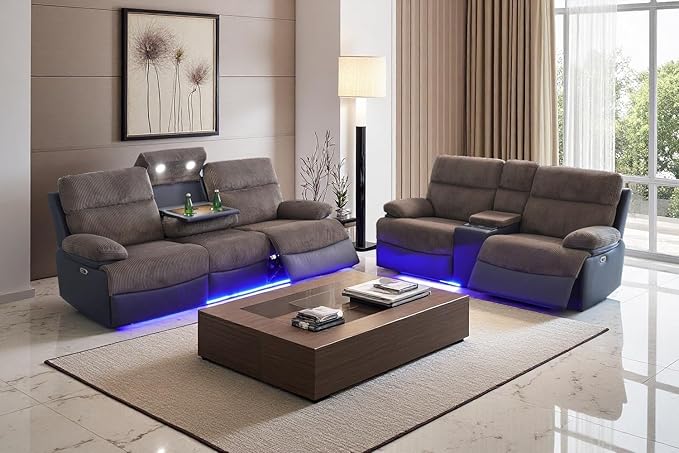 A Ainehome 2 Pieces Living Room Furniture Sets, Power Recliner Sofa Set with LED, Corduroy Reclining Sofa Sectional Couches for Living Room with USB Port/Storage Console/Cup Holders