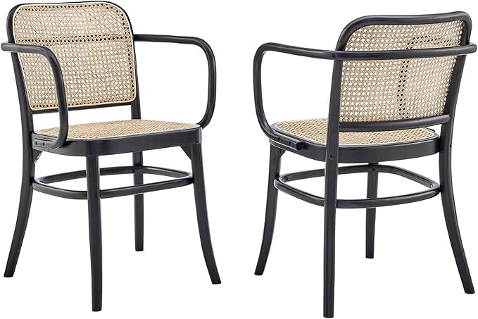 Modway Winona Elm Wood Cane Rattan Seat, Dining Chair - Set of 2, Black