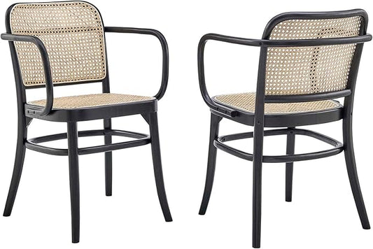 Modway Winona Elm Wood Cane Rattan Seat, Dining Chair - Set of 2, Black