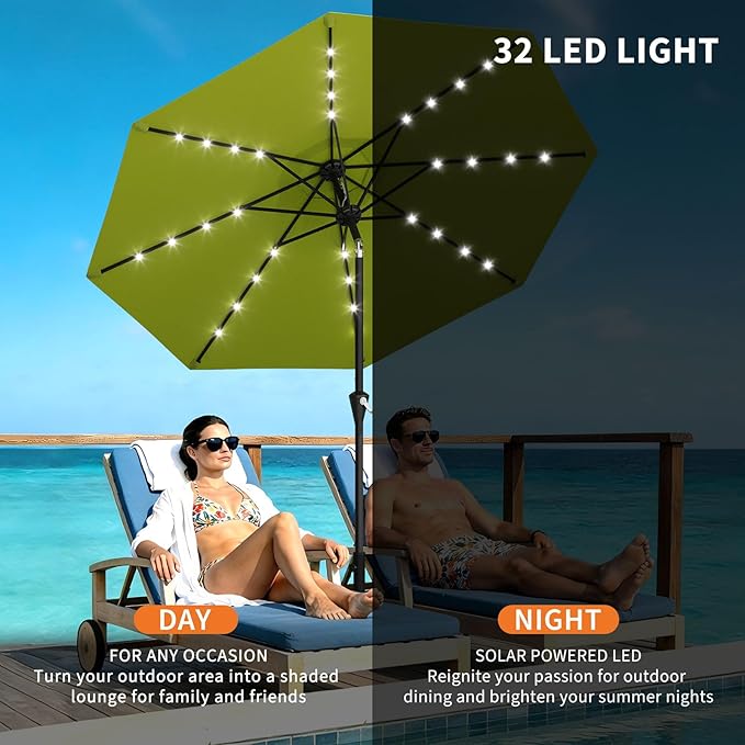 Garvee 9FT Solar Patio Umbrella with 32 LED Lights - Outdoor Table Umbrella with Crank Lift, Push Button Tilt and 8 Sturdy Ribs - Market Umbrella UV Protection for Pool, Deck, Yard, Garden