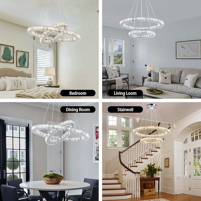 TongLan LED Modern Crystal Chandelier 19.7 x 11.8 inches Ceiling Pendant Light 2 Rings Adjustable Stainless Steel Lighting Fixtures Dining Room Living Room (White)
