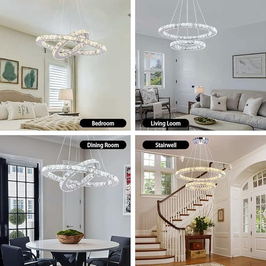 TongLan LED Modern Crystal Chandelier 19.7 x 11.8 inches Ceiling Pendant Light 2 Rings Adjustable Stainless Steel Lighting Fixtures Dining Room Living Room (White)