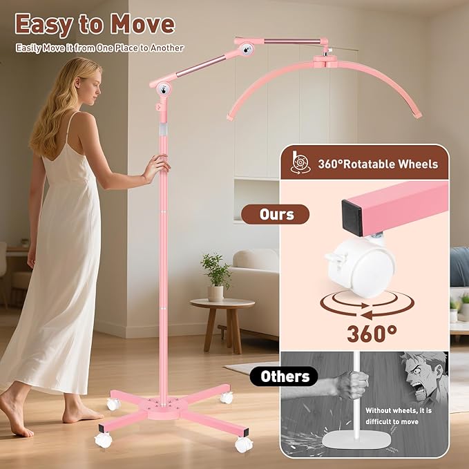 HITTI Half Moon Light for Eyelash Extensions Tattoo Artists, 2026 UpgradeLED Lash Tech Light with 4 Wheel Rolling Base, Large Floor Lamp 3 Color Modes, Adjustable Brightness & Phone Holder-Pink