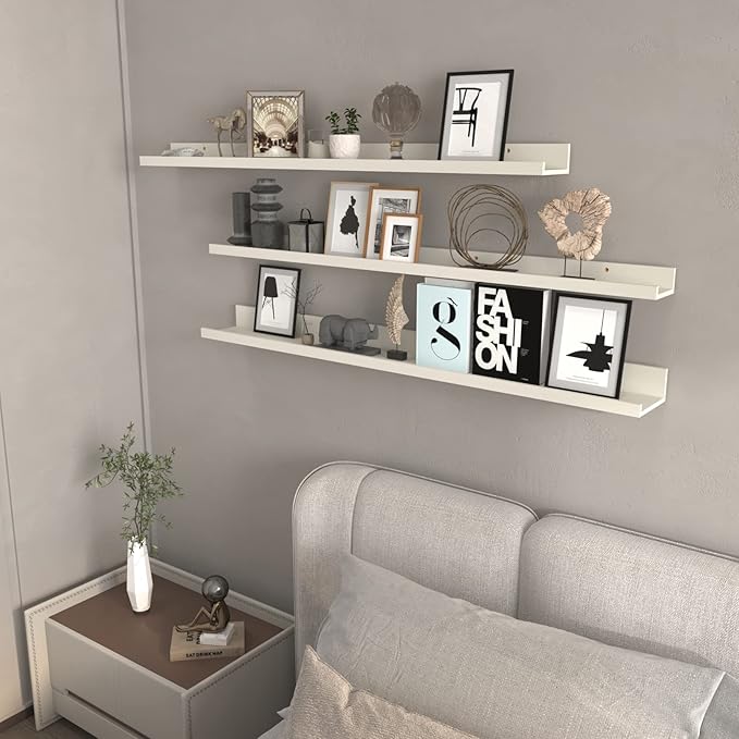 Calenzana 47 Inch Floating Shelves Wall Mounted Set of 3, Long Picture Ledge Shelf for Living Room Bathroom Bedroom Kitchen Office, Creamy White