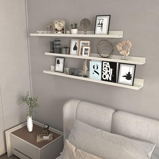 Calenzana 47 Inch Floating Shelves Wall Mounted Set of 3, Long Picture Ledge Shelf for Living Room Bathroom Bedroom Kitchen Office, Creamy White