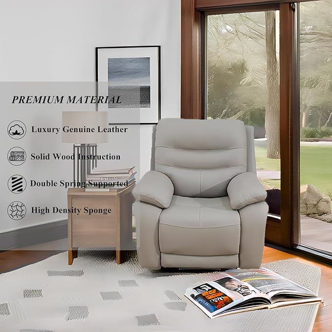 Power Reclining Sofa, 3-Seater Genuine Leather Recliner Couch, Light Grey Top Grain Leather Sofa with USB Port for Living Room, Apartment, Office