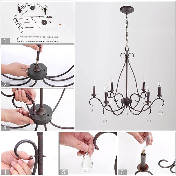 LALUZ Farmhouse Chandelier, 6-Light Rustic Dining Room Chandeliers Light Fixture Over Table with 7 Crystals for Dining Room & Living Room, Entryway, Rust-Colored Bronze Finish