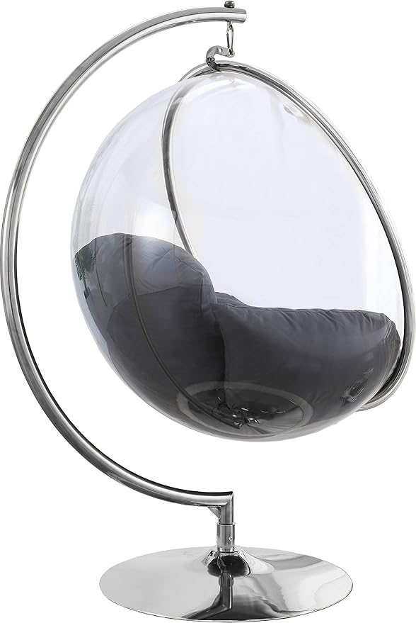 Meridian Furniture 507Grey Luna Collection Modern | Contemporary Clear Acrylic Accent Swing Chair with Durable Metal Base and Fabric Seat, Grey, Chrome Finish, 41.5" W x 29.5" D x 64" H