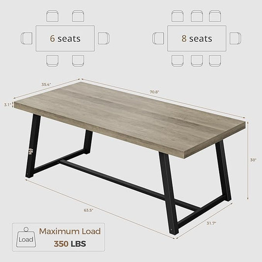 IRONCK 71" Dining Table for 6-8 People, Industrial Kitchen Table with Sturdy Metal Frame, Rectangular Grey Wood Dinner Table for Dining Room