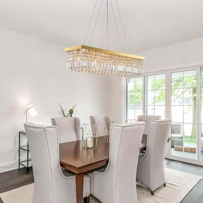 7PM Modern Gold Crystal Chandelier Rectangle Chandeliers for Dining Room Rectangular Pendant Lighting Fixture for Kitchen Island Bedroom L31.5'' x W10'' x H10''