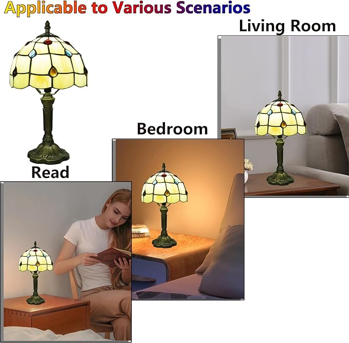 Crefotu Tiffany Style Table Lamp, 3 Color Temperatures Bedside Lamp, 8 Inch Stained Glass Desk Light for Home Office Bedroom Living Room (Phoenix Tail Pattern)