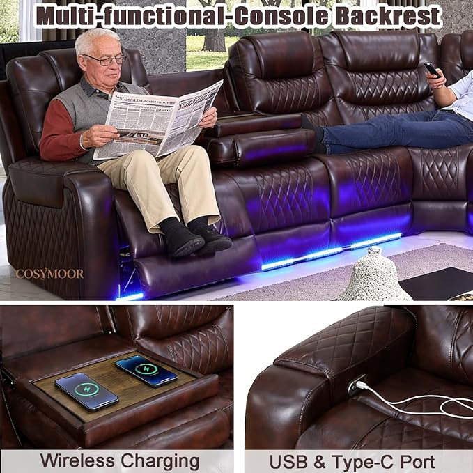 Power Reclining Sectional Sofa Set with LED Light, Leather Sectional Couches, Living Room Furniture Sets, Modern Power Recliner Sofa Sets with 3 Recliner Seater, Couches for Living Room
