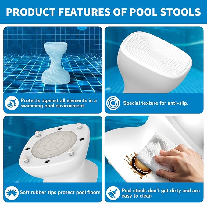 24" Pool stools for Underwater,Pre-Weighted Pool Stools with Foot Rest,Waterproof Patio Furniture with Adjustable Feet for Poolside Seats for Edge,1PC