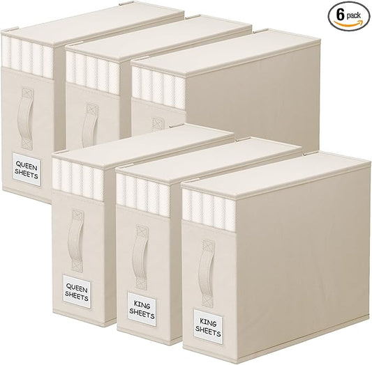 6 Pack Bed Sheet Closet Organizers and Storage,Sturdy Foldable Storage Containers with Window and Label,Storage and Organization for Bedding Sheets,Duvet Covers,Blankets (Beige)
