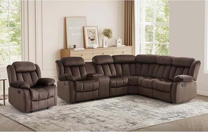 EBELLO Manual Reclining L-Shaped Sectional Sofa Set, Soft Fabric Corner Couch with Center Console, Cup Holders and Storage – Perfect Living Room Home Set Furniture(Sectional+Chair)