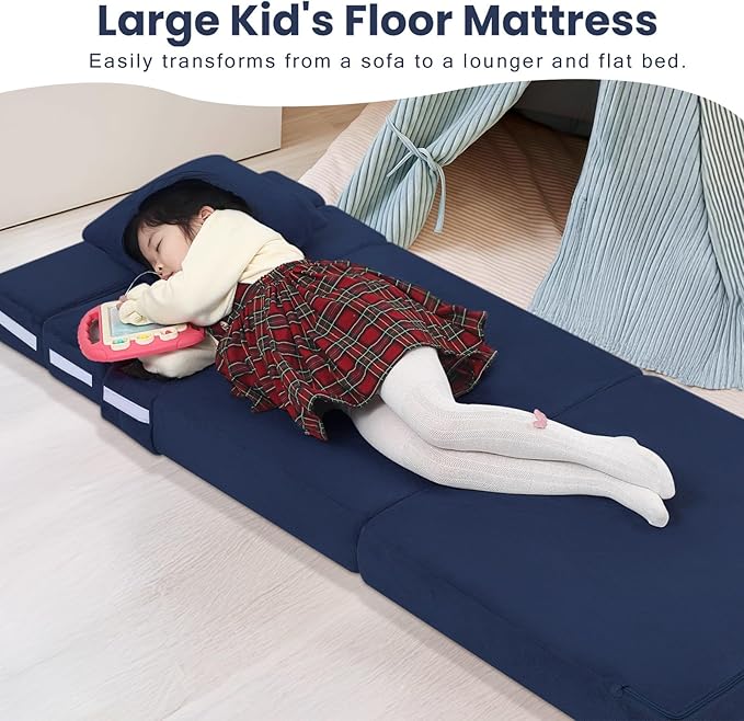 MeMoreCool Foldable Futon Chair Bed for Kids, Toddler Sofa Mattress, Convertible Foam Floor Couch, Tri-fold Sleeping Mattress (Navy)