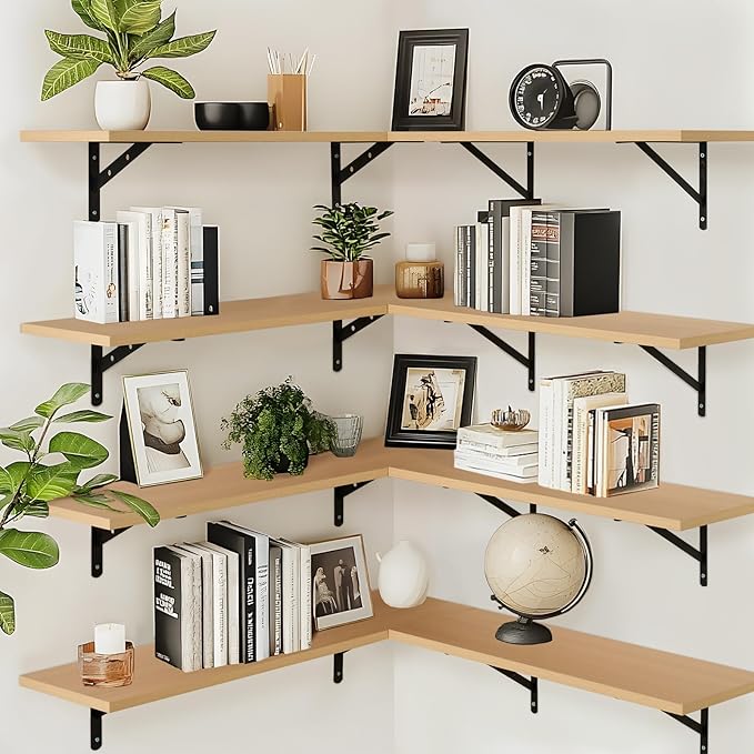 Kaboon 45 inch Long 10 inch Deep Floating Shelves for Wall Set of 2, Large Open Shelves Wall Mounted, Space Saving Home and Commercial Use, Light Walnut