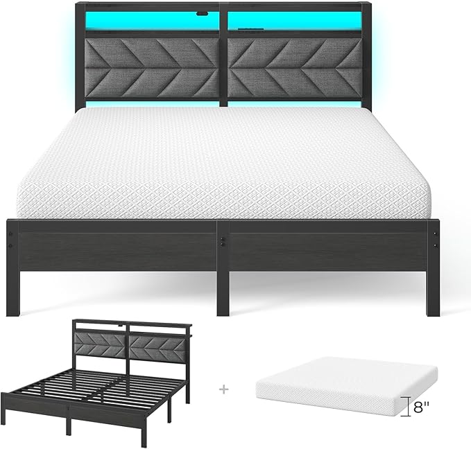 Seventable Bed Frame Queen Size with Charging Station, LED Bed with Upholstered Storage Headboard - 8 Inch Gel Memory Foam Mattress, Fiberglass Free, Breathable & Pressure Relief