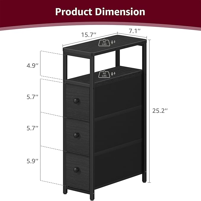 Narrow Night Stand Nightstand - Skinny Bedsides Table with 3 Drawers for Small Space Dresser for Bedroom Living Room Slim Side Table, Black