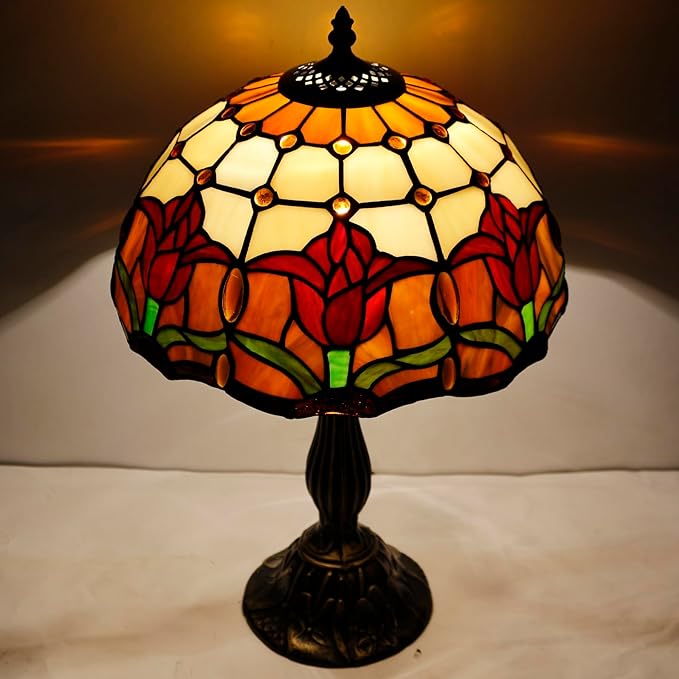 WERFACTORY Tiffany Table Lamp Stained Glass Style Tulip Flower Bedside Reading Desk Light 12X12X18 Inches Decor Bedroom Living Room Home Office S030 Series
