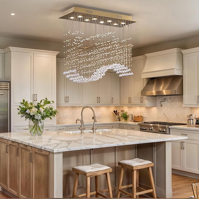 Siljoy Gold Rectangle Crystal Chandelier for Dining Room, 31.5'' Modern Wave Raindrop Crystal Chandelier, 8-Light Luxury Rectangular Pendant Ceiling Light for Living Room Kitchen Island