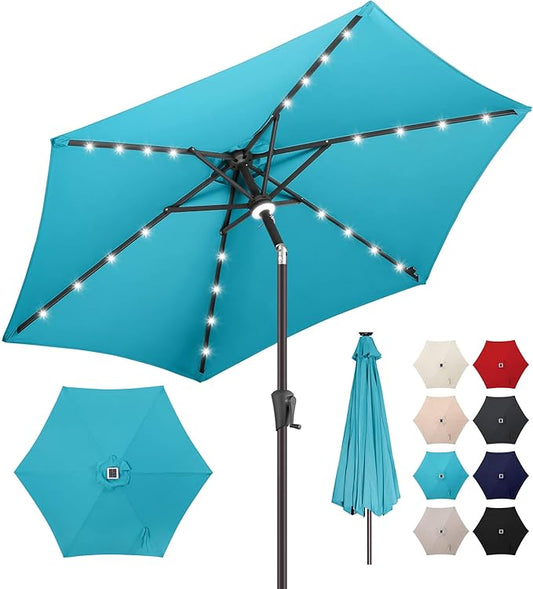10FT Solar Patio Umbrella - Outdoor Umbrella with Centre Surround Light 24 LED Lights, Market Table Umbrella with Tilt for Pool, Porch, Garden, Deck, Backyard UV Protection (Aqua Blue)
