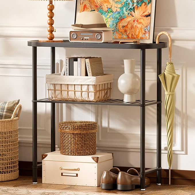 Narrow Hallway Table for Entryway, Small Console Table Black 30.7", Bamboo Plant Stand Indoor Outdoor 2-tier, Small TV Stand for Bedroom with Anti-fall Edge, Sofa Side Table 5min Easy Assembly