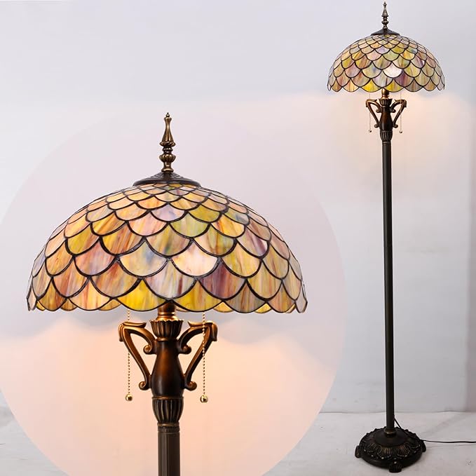 Tiffany Floor Lamp Brown Fish Scales Stained Glass Standing Reading Light 16X16X64 Inches Antique Pole Corner Lamp Decor Bedroom Living Room