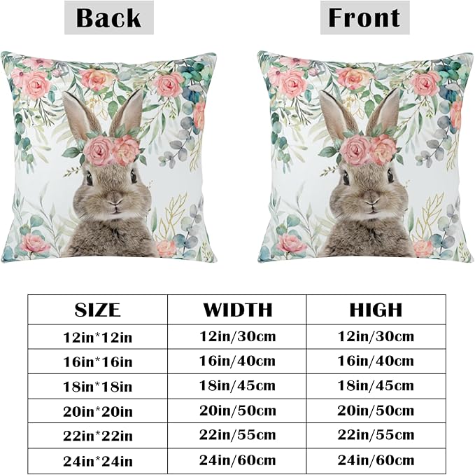 Easter Bunny Outdoor Pillow Covers 24x24 Set of 2 Easter Eucalyptus Leaves Rabbit Throw Pillow Case Spring Watercolor Rose Floral Farmhouse Pillowcase for Home Couch Sofa Decor