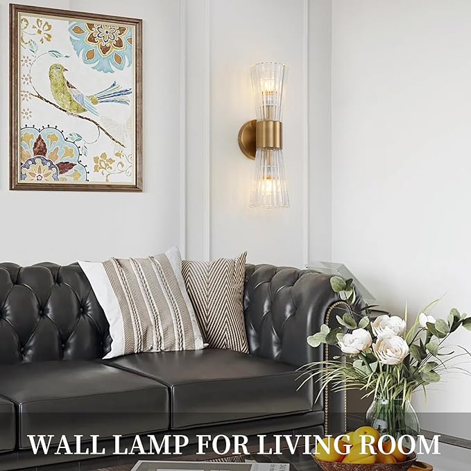 Mid-Century Modern Wall Lights with Crystal Glass Shade, 2-Light Glass Bathroom Vanitys Lights Gold Wall Sconces, Indoor Up Down Wall Mounted Lamps for Living Bedroom Hallway Hardwired