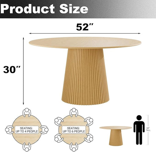 Casaphoria 52" Round Dining Table, Modern Wood Kitchen Table with Cone Grating Bar Base for Living Room & Dining Room, Easy Assembly Farmhouse Furniture for 4-6, Oak